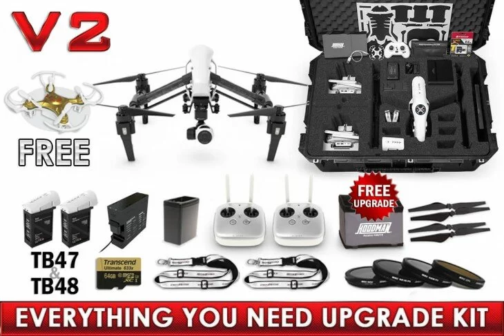 Inspire 1 v2.0 Upgrade Kit (Dual Remote) w/ Wheeled Case, TB48 Battery, 64gb, Lens Filters, Sunshade & More