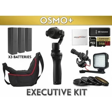 DJI Osmo+ (Plus Zoom) Executive Kit with 2 Extra Batteries, Water Resistant Case, LED Light, High End Rode Mic w Custom Cold Shoe Mount, 64GB Card, 4 Lens Filters, etc