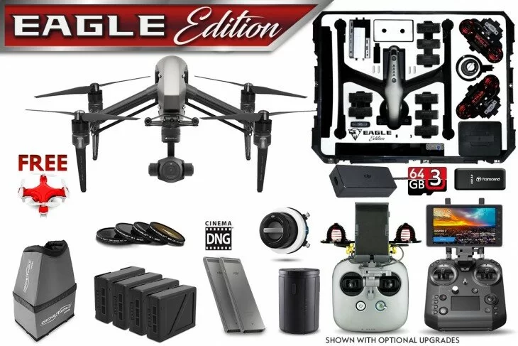 DJI Inspire 2 Eagle Edition Kit w/ Hard Case, Helical Antenna Upgrade, 4 Batteries, 4 Pack Filters, Sunshade & More