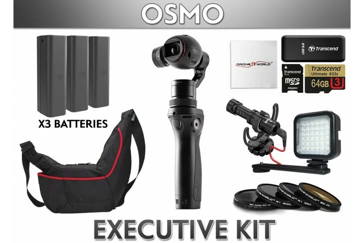 DJI Osmo Executive Kit with 2 Extra Batteries, Water Resistent Case, LED Light, High End Rode Mic w Custom Cold Shoe Mount, 64GB Card, 4 Lens Filters, etc