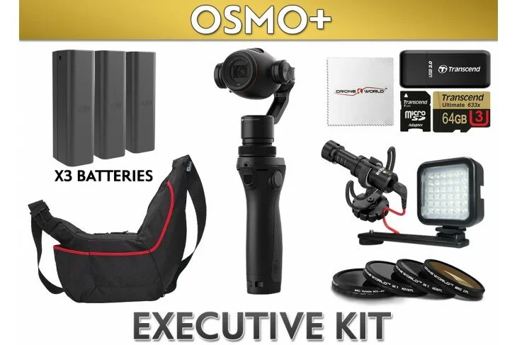 DJI Osmo+ (Plus Zoom) Executive Kit with 2 Extra Batteries, Water Resistent Case, LED Light, High End Rode Mic w Custom Cold Shoe Mount, 64GB Card, 4 Lens Filters, etc