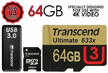 Transcend 64GB High-Performance microSDHC 633x Class 10 UHS-I/U3 (Up to 95MB/s Read) Memory Card w/ USB 3.0 Reader